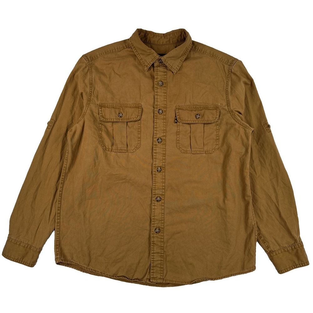 Eddie Bauer Cotton Canvas Button Up Shirt Men's Large Brown Roll Sleeves